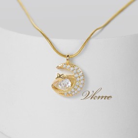 Crescent Necklace Manufacturer - Gold Plated Crystal Pave Moon Star Copper Jewelry