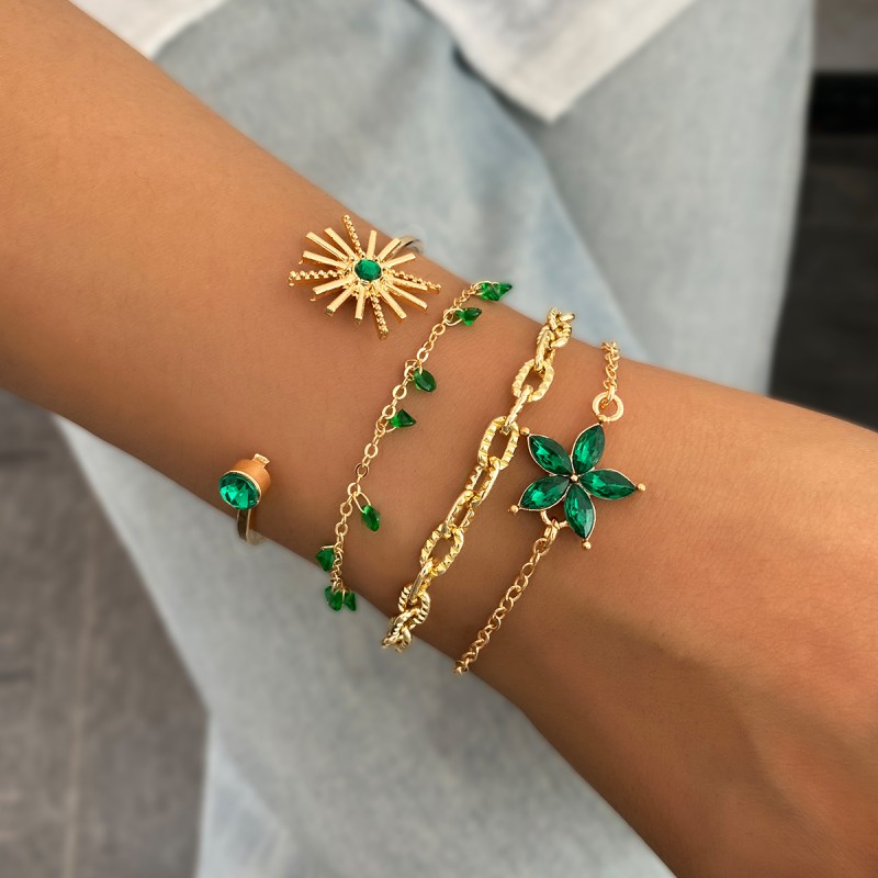 Bracelet Set Manufacturer - 2025 4 Pcs Green ZIRCON Sunflower Adjustable Dinner