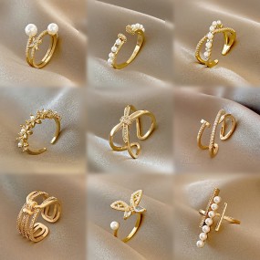 Multilayer Ring Supplier - Fashion Hollow Out Zircon Love Pearl Gold Adjustable Opening