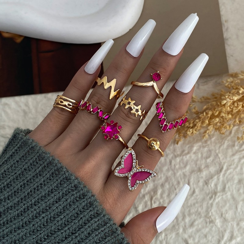 Ring Set Supplier - 9Pcs Butterfly Crown Heart Zircon Rose Red Diamond for Women