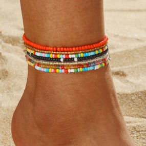 Anklet Bracelets Supplier - 7pcs Handmade Beaded Rainbow Color Elastic Foot Beach