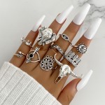 Ring Set Supplier - 11 Piece Bohemian Bullhead Elephant Head Eyes Geometric Opening