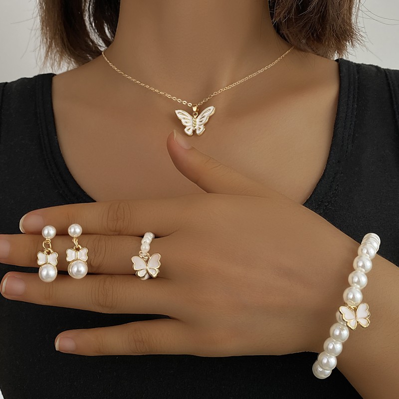Jewelry Set Factory - 4pcs Fashion Butterfly Pendant Vintage Bracelet Pearl Beaded