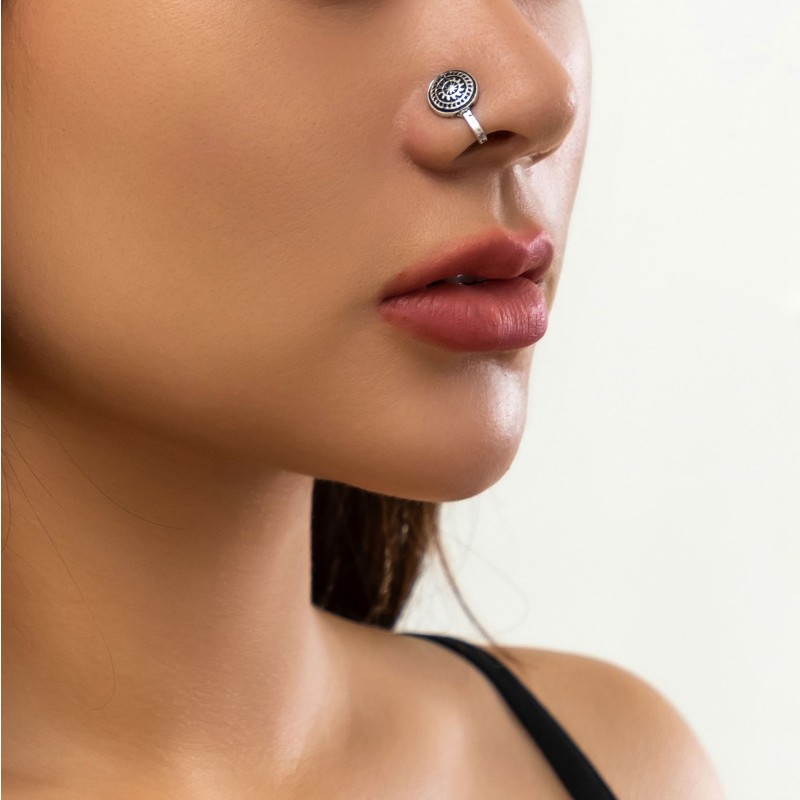 Nose Ring Factory - Bohemian Flower Plate U-Shaped Ethnic Style Silver No-Piercing