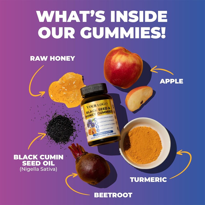 OEM/OED Black Seed Oil Gummies Manufacturer - Private Label Custom Label Organic Black Seed Oil Gummies with Honey (Antioxidant & Immune Support)