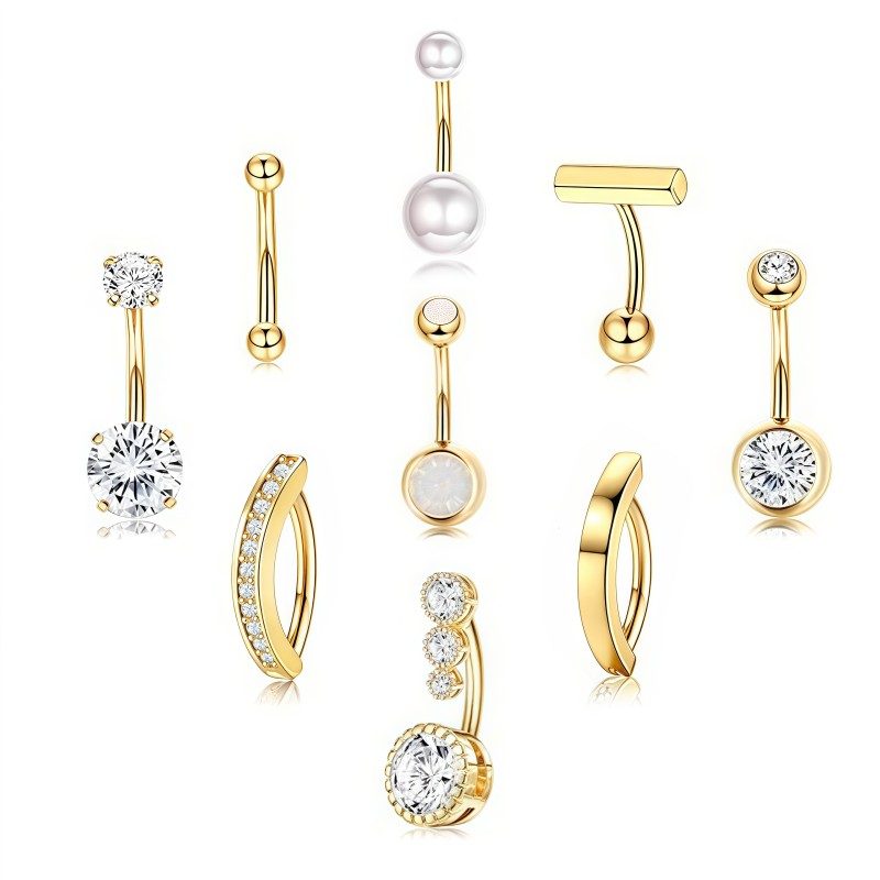 Belly Button Rings Manufacturer - 9PCS Gold Zircon Pearl Stainless