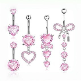Belly Button Rings Supplier - Set 5 Pink Zircon Inlay Heart