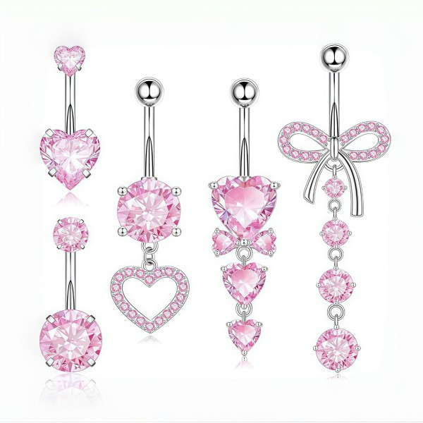 Belly Button Rings Supplier - Set 5 Pink Zircon Inlay Heart