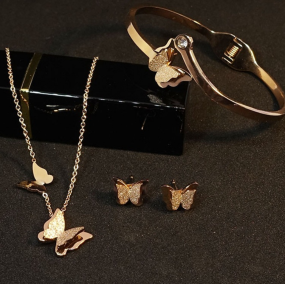 Jewelry Set Factory - Korean 316L Stainless Steel Rose Gold Butterfly Set