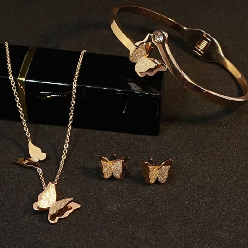 Jewelry Set Factory - Korean 316L Stainless Steel Rose Gold Butterfly Set