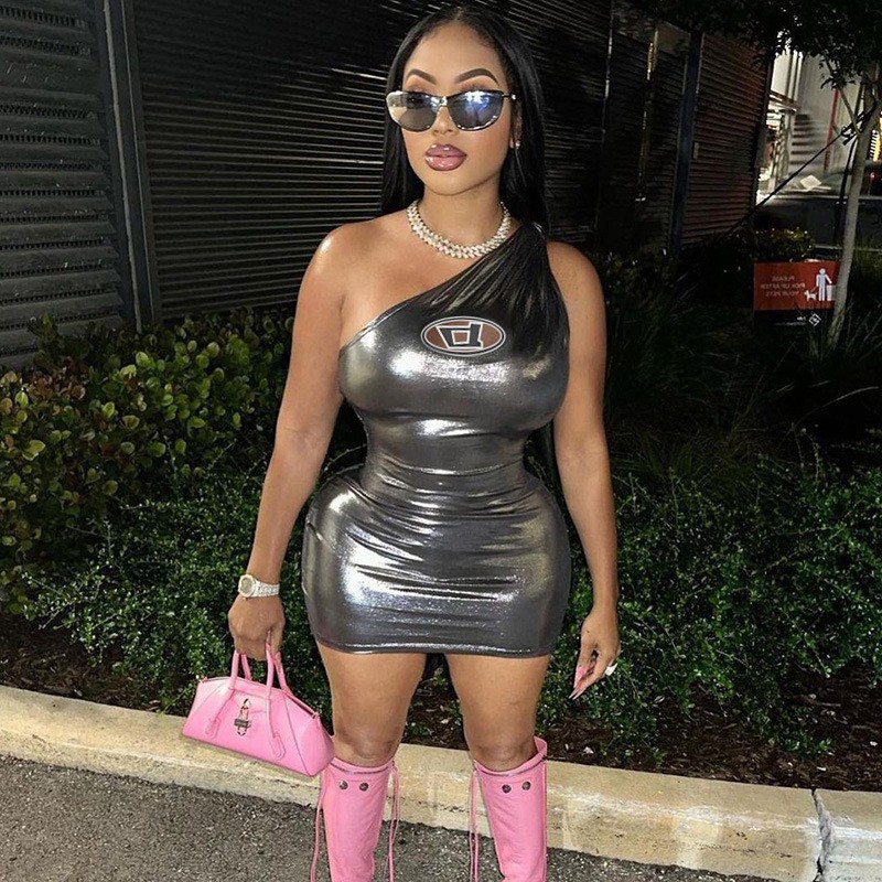 Leather Dress Manufacturer - 2023 Summer Solid Color Diagonal Shoulder Night Club