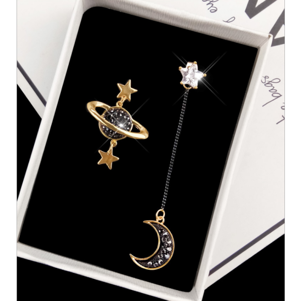 Silver Earrings Factory - Statement Asymmetrical Universe Star Moon Long Tassel