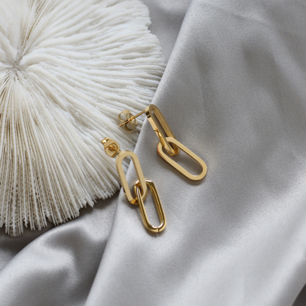 Double Ring Earrings Supplier - Stainless Steel 18K Gold Oval Chain Fine Jewelry