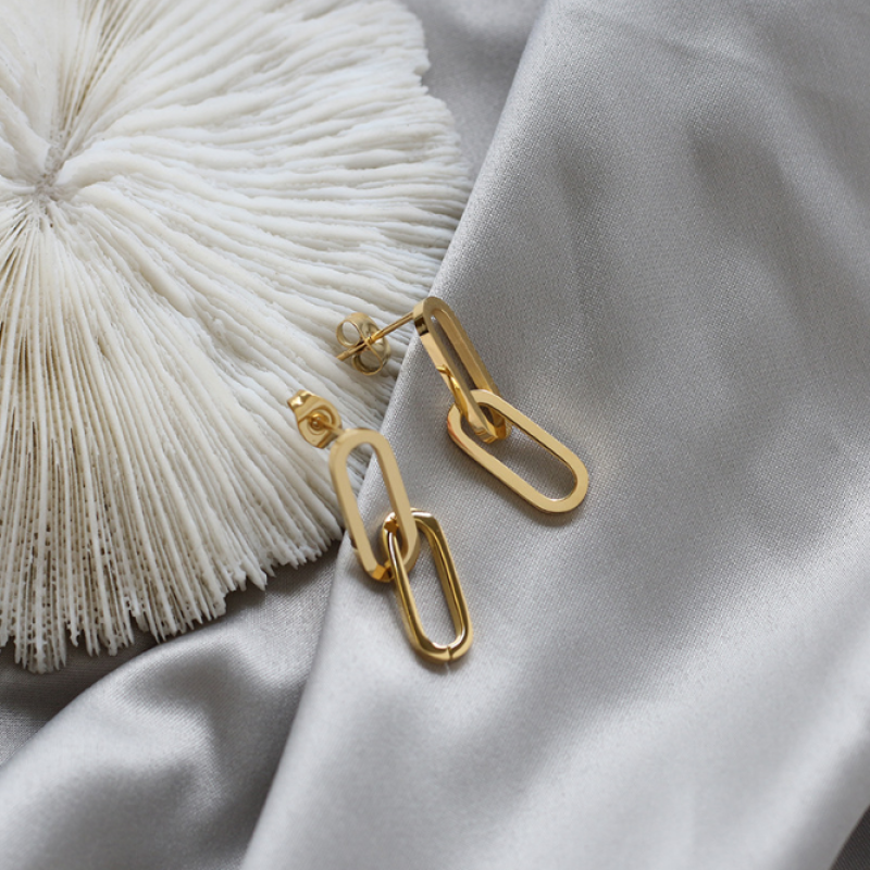 Double Ring Earrings Supplier - Stainless Steel 18K Gold Oval Chain Fine Jewelry