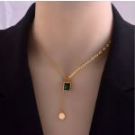 Crystal Necklace Factory - Gold-plated Green Square Emerald Stainless Steel Tassel