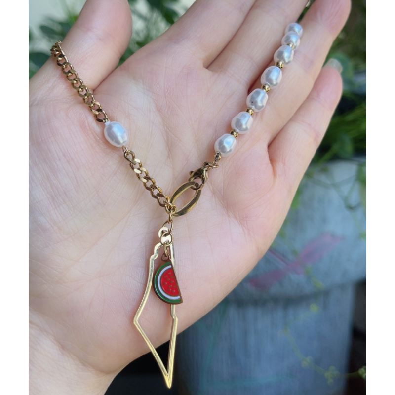 Palestine Necklace Manufacturer - 18K Gold Stainless Steel Watermelon Imitation Pearl