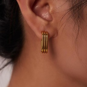 Stud Earring Factory - 18K Gold Stainless Steel Geometric Three-layer U-shaped