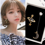 Silver Earrings Factory - Statement Asymmetrical Universe Star Moon Long Tassel