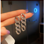 Silver Earrings Supplier - 925 Silver Needle Shiny Long Chain Rhinestone Oval