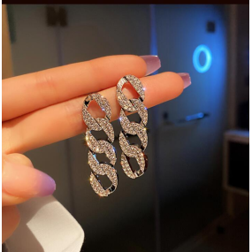 Silver Earrings Supplier - 925 Silver Needle Shiny Long Chain Rhinestone Oval