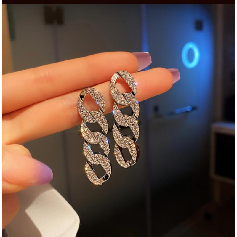 Silver Earrings Supplier - 925 Silver Needle Shiny Long Chain Rhinestone Oval