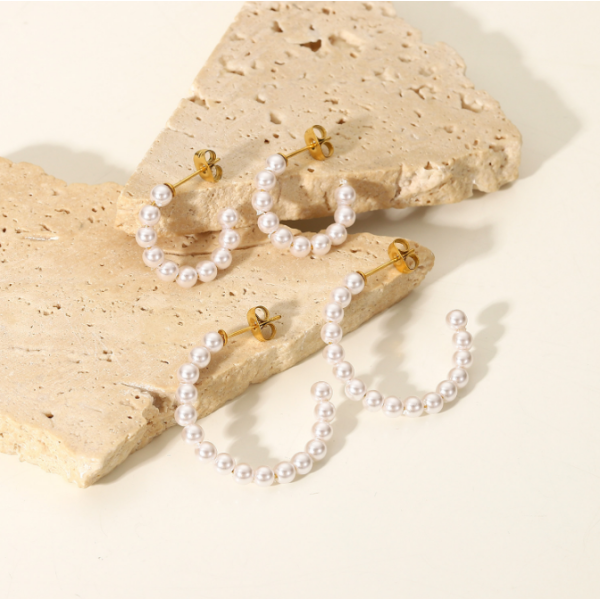 Hoop Earrings Manufacturer - 18K Gold Stainless Steel 30mm Pearl C-Shaped