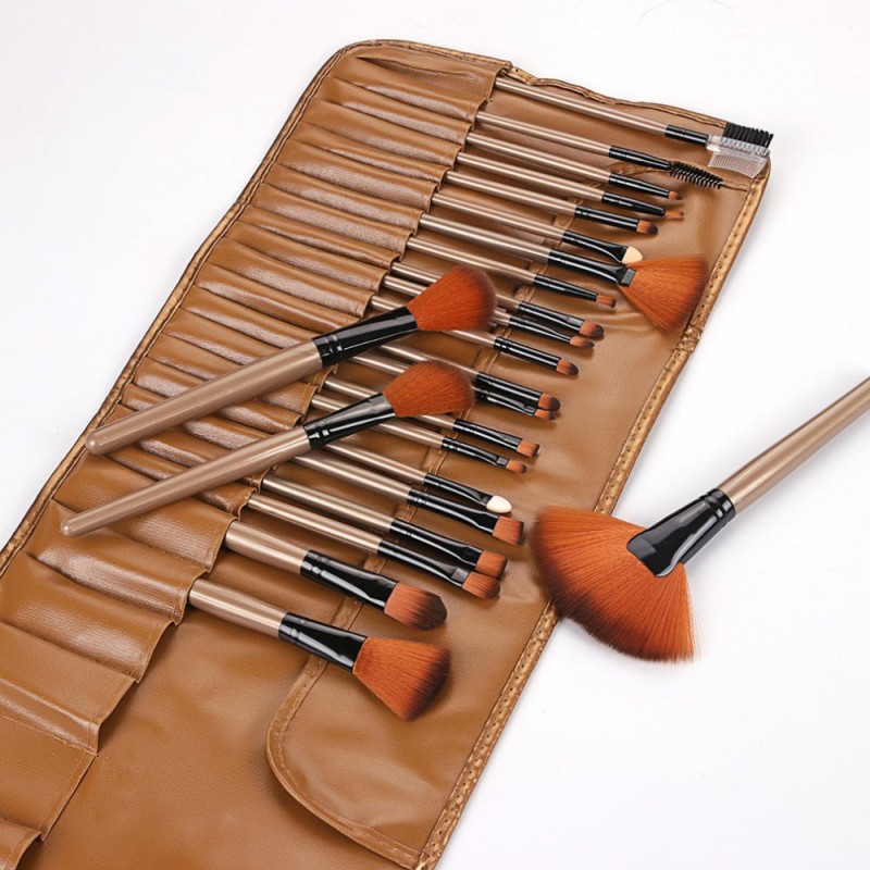 Makeup Brushes Set Factory - Wholesale 24Pcs Beige Cosmetic Brushes With Pouch