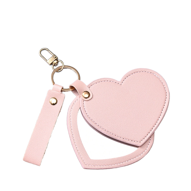 Keychain Mirror Factory - Portable Double Heart PU Leather Folding Pocket