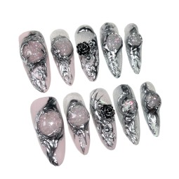 Press on Nails Supplier - Hot Products Gothic Y2K Almond Cat Eye Punk Metal Party Nail Sticker