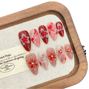 Press on Nails Factory - Design Acrylic Pink 3D Flower Cat Eye Coffin French False Diy