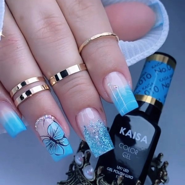 Press-On Nails Manufacturer - Wholesale 24pcs Premium ABS Press-on Coffin Design French Blue Butterfly Sparkle