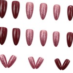 Almond Press-On Nails Supplier - 24PCS Dark Red Brown Glitter Effect Sweet Cool Mirror Powder