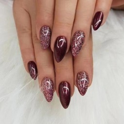 Almond Press-On Nails Supplier - 24PCS Dark Red Brown Glitter Effect Sweet Cool Mirror Powder