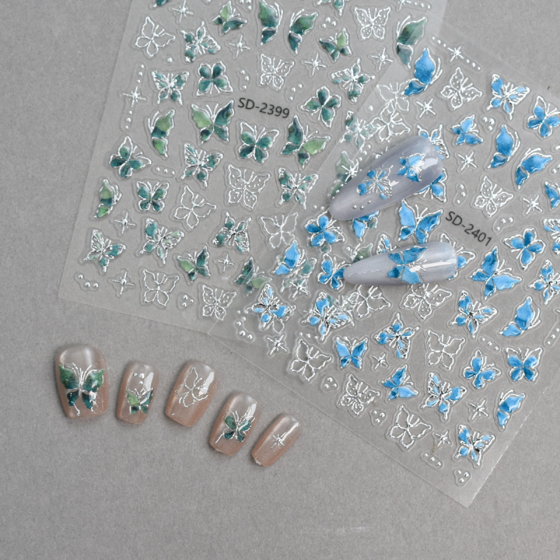 Nail Stickers Supplier - 5D Embossed 3D Silver Foil Green Jelly Butterfly Summer Wearable Gel