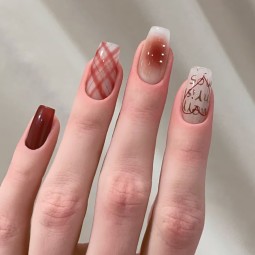 Press-On Nails Supplier - Wholesale 24pcs Premium Caramel ABS Coffin Design Press-On Grid Blurred Letters