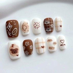 Press-On Nails Factory - Wholesale 24pcs Premium Coffin Design ABS Brown Bear Plaid Bow Square Artistic