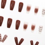 Press-On Nails Supplier - Wholesale 24pcs Premium Caramel ABS Coffin Design Press-On Grid Blurred Letters