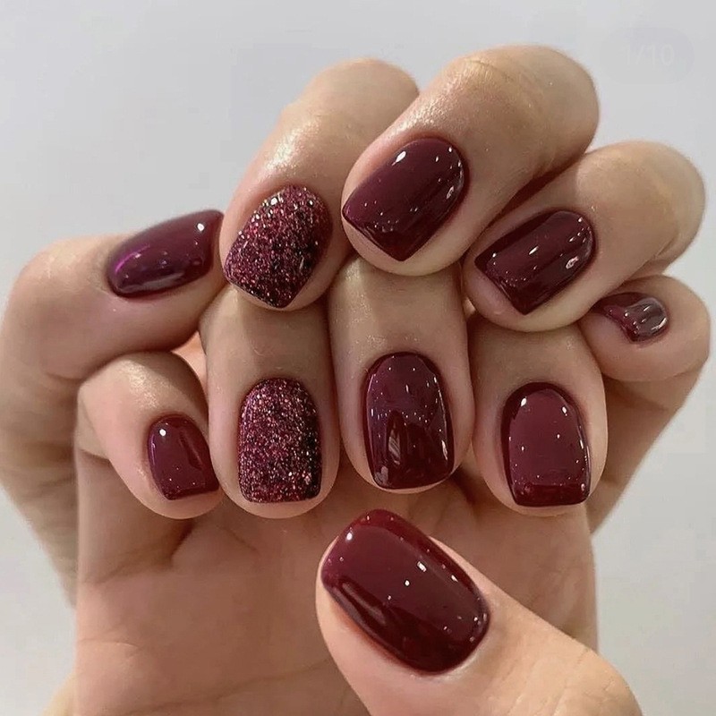 Press-On Nails Manufacturer - 24pcs Burgundy Glitter High Shine Elegant European Style Detachable