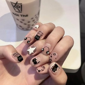 Press-On Nails Supplier - Wholesale 24pcs Premium Coffin Design ABS Press-On Black Cat Stars Sweet Cool Funny