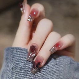 Press-On Nails Manufacturer - Burgundy Camellia with Butterfly Chain Designs Bold Fashion