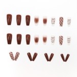 Press-On Nails Supplier - Wholesale 24pcs Premium Caramel ABS Coffin Design Press-On Grid Blurred Letters