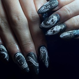 Halloween Press-On Nails Factory - 24PCS Matte Black Gothic Skull Snake Designs Edgy Style