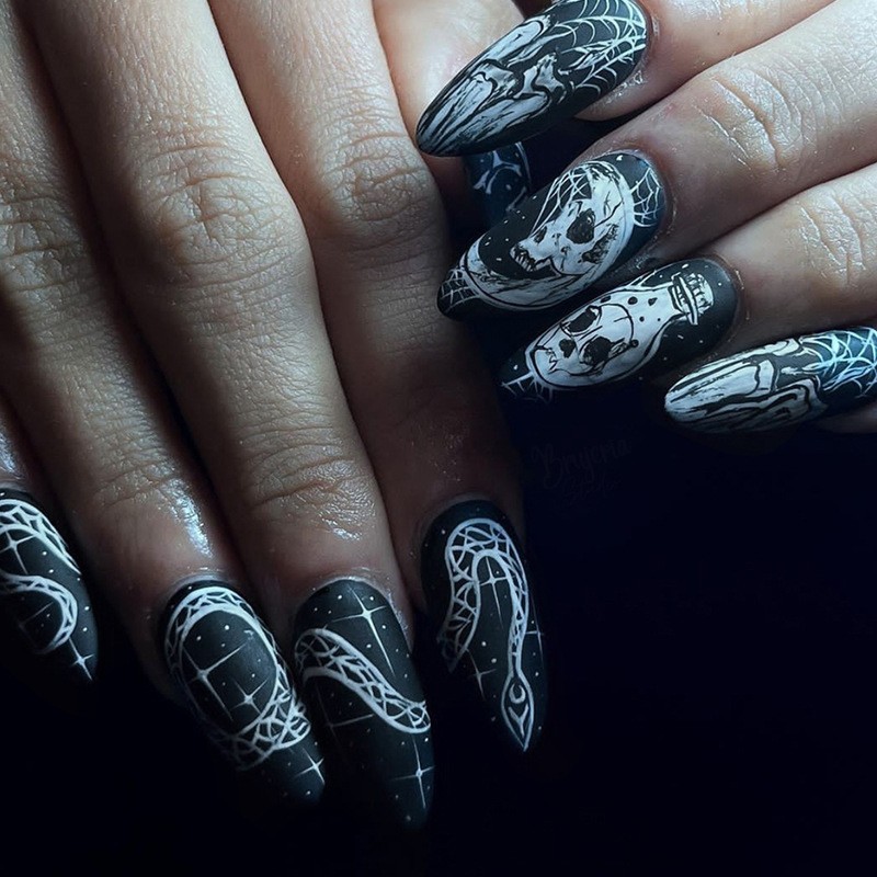 Halloween Press-On Nails Factory - 24PCS Matte Black Gothic Skull Snake Designs Edgy Style