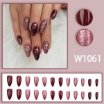 Almond Press-On Nails Supplier - 24PCS Dark Red Brown Glitter Effect Sweet Cool Mirror Powder