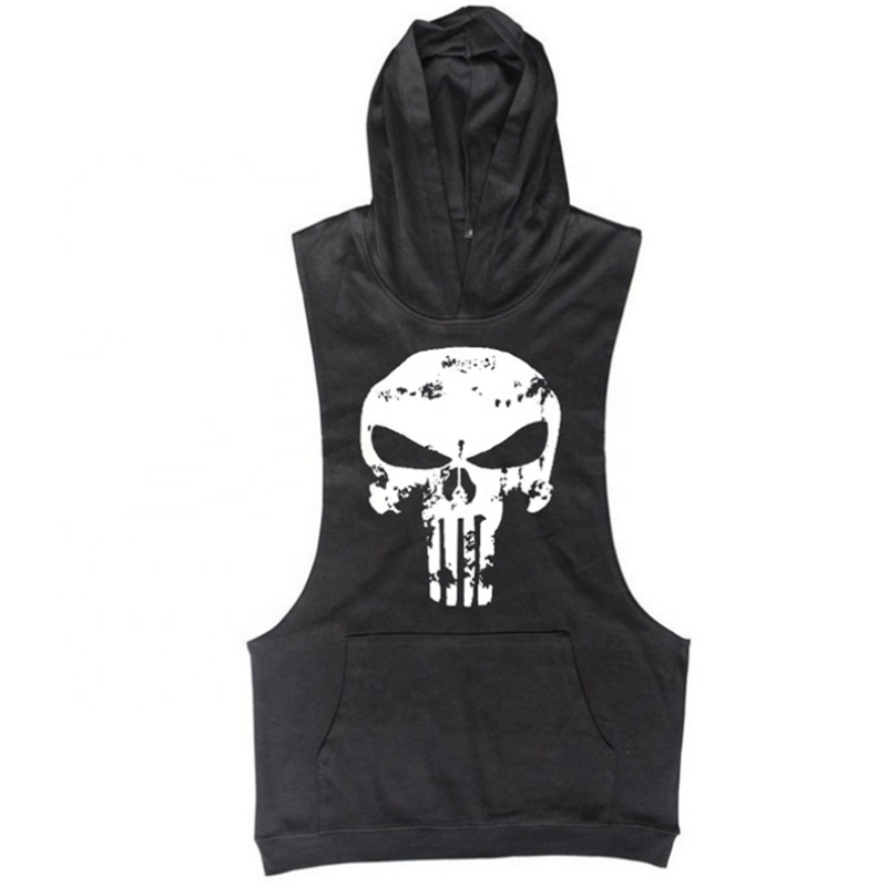 Hooded Vest Manufacturer - Custom Cotton Mens Hooded Sleeveless Vest Gym Fitness Stringers Black