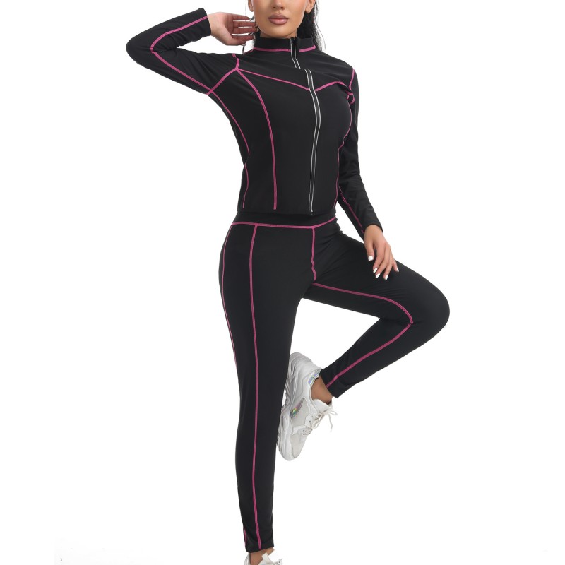 Sauna Set Factory - Custom Logo Sauna Long Sleeved Jacket Pants Sweat Set Contrasting Lines