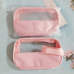 PVC化妆品盒厂家-批发粉色透明防水PVC化妆品盒带手柄代工大容量PU