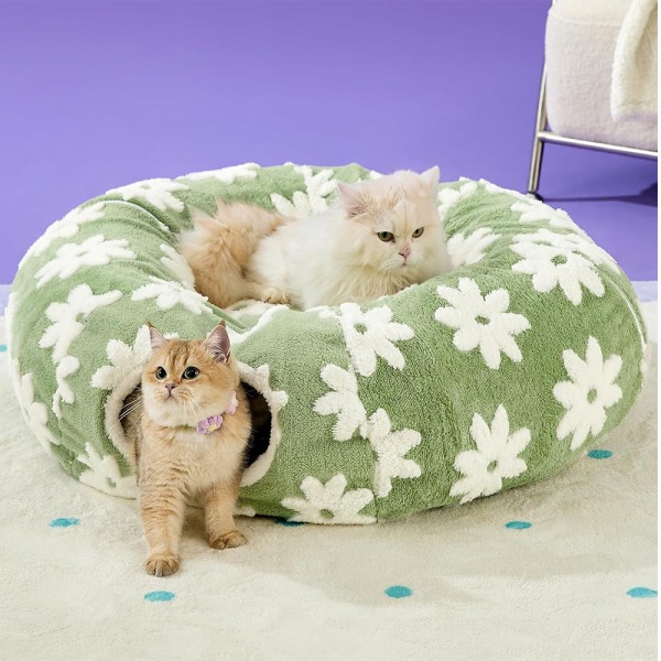 Cat Tunnel Bed Supplier - Green Flower Design Plush