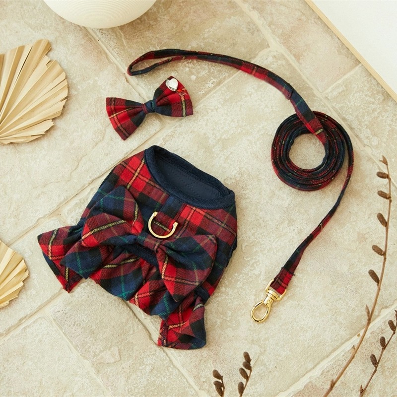 Puppy Harness Manufacturer - OEM Custom Bowknot Plaid Set