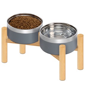 Elevated Dog Bowl Set Factory - Stainless Steel Wooden Stand Anti-Spill